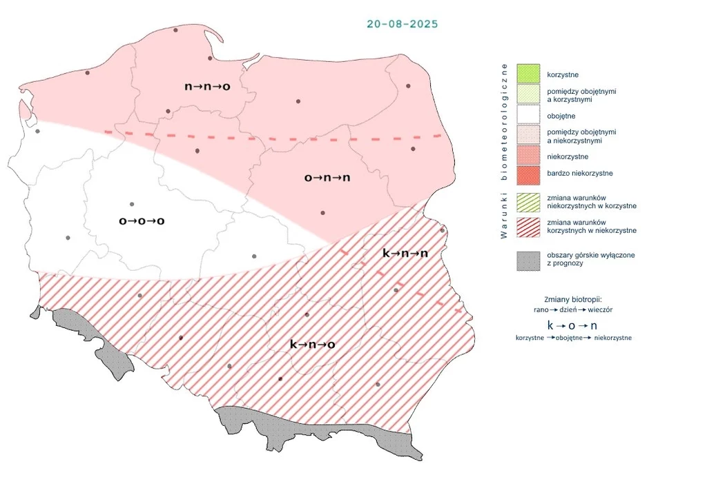 Mapa Polski z podziałem na regiony według prognozowanych warunków biometeorologicznych na dzień 20 sierpnia 2025 roku, z zaznaczeniem stref o korzystnym, obojętnym i niekorzystnym wpływie na samopoczucie oraz zmian biologicznych.