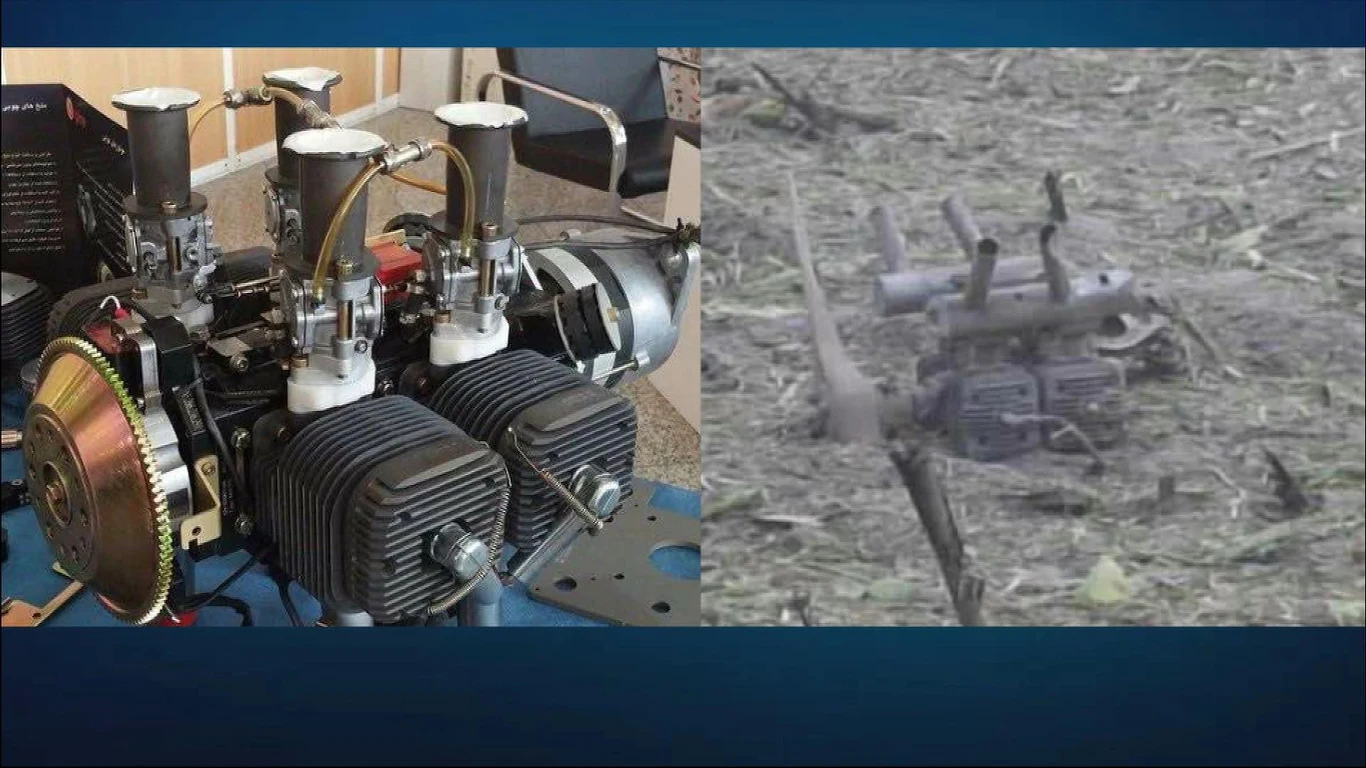 Osiny. Na Lubelszczyźnie spadł niezidentyfikowany obiekt (po prawej). Pojawiają się nieoficjalne doniesienia o tym, że mógł być to irański Shahed (silnik tej maszyny po lewej) Po lewej stronie silnik mechaniczny o złożonej konstrukcji z trzema gaźnikami i dwoma cylindrami, częściowo zamontowany na niebieskiej płycie, po prawej urządzenie przypominające niewielkiego robota lub maszynę z widocznymi elementami technicznymi, ust...