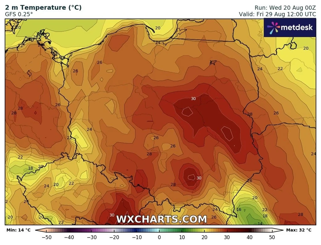 Prognoza temperatury powietrza w Polsce w skali barwnej, z zaznaczeniem najwyższych wartości powyżej 30°C w centralnej i południowo-wschodniej części kraju, mapa opatrzona legendą z minimalną i maksymalną temperaturą.