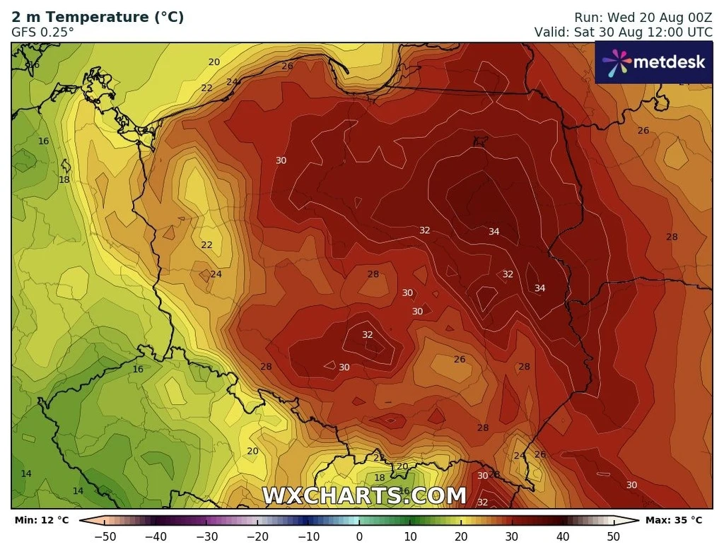 Kolorowa mapa Polski i części sąsiednich państw prezentująca prognozowane temperatury powietrza na poziomie 2 metrów dla wybranej daty, z najwyższymi wartościami temperatur w centrum i na wschodzie kraju, osiągającymi 32–34°C, oznaczonymi ciemnoczerwon...