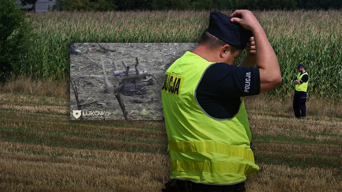 Nie ma oficjalnej informacji, co spadło na pole kukurydzy na Lubelszczyźnie, na zdjęciu miejsce zdarzenia (fot. PAP/Wojtek Jargiło) oraz prawdopodobne szczątki obiektu opublikowane przez lokalną telewizję Łuków TV, kolaż: Interia/A. Włodarczyk Policjant w żółtej kamizelce z napisem 'Policja' stoi na polu w pobliżu pola kukurydzy, trzyma rękę na głowie w geście zaniepokojenia, w tle drugi policjant przeszukuje teren, a w lewym górnym rogu widoczny jest fragment rozbitego drona.