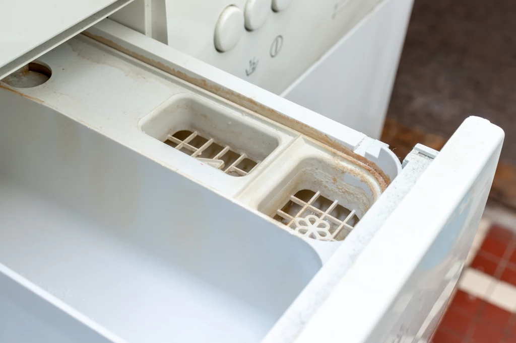Szuflada na detergent pralki automatycznej z widocznymi osadami po proszku i kamieniu, charakterystyczne przyciski panela sterującego powyżej szuflady.