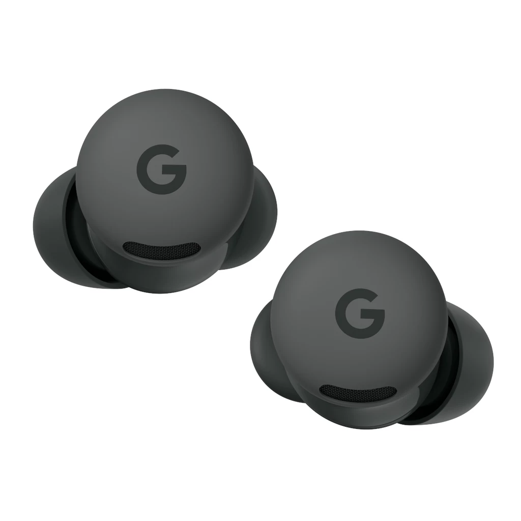 Pixel Buds 2a to najmniejsze słuchawki bezprzewodowe Google. Para bezprzewodowych słuchawek dousznych w kolorze czarnym z widocznym logo Google na obu słuchawkach, ergonomiczny kształt i silikonowe końcówki do uszu.