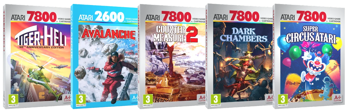 Pięć kolorowych okładek gier komputerowych Atari, każda z dynamiczną grafiką nawiązującą do tematyki danej gry, zawierające tytuły takie jak Tiger-Heli, Avalanche, Countermeasure 2, Dark Chambers i Super Circus Atari.