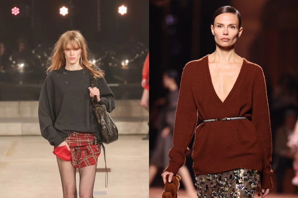 Isabel Marant, Fendi jesień-zima 2025-2026. Fot. Daniele Venturelli, Peter White Dwie modelki prezentujące modne stylizacje na wybiegu, po lewej modelka w czarnym swetrze i kraciastej minispódniczce, po prawej modelka w głęboko wyciętym brązowym swetrze i połyskującej spódnicy.