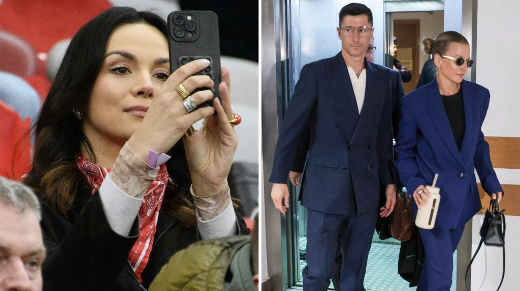 Kobieta w czarnych włosach robi zdjęcie telefonem, obok mężczyzna i kobieta w eleganckich garniturach wchodzą wspólnie do pomieszczenia, kobieta trzyma w ręku kubek termiczny i torebkę, oboje noszą okulary przeciwsłoneczne.