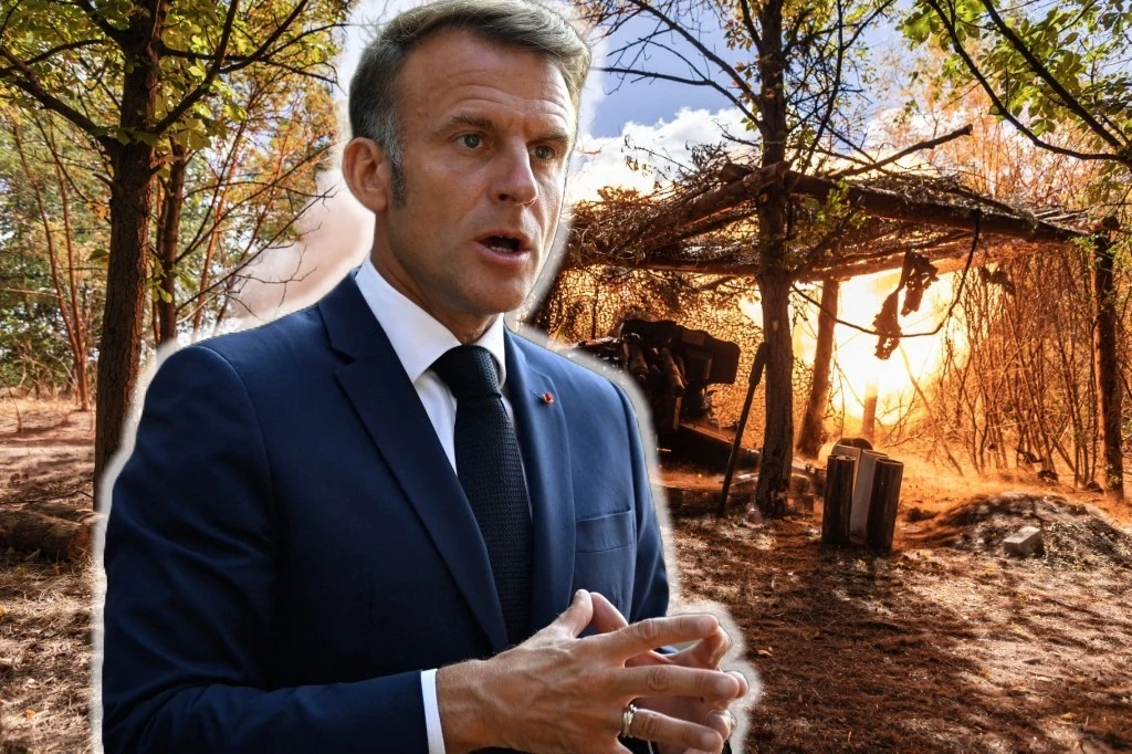 Reakcje po zapowiedzi Emmanuela Macrona. Prezydent Francji chce wysłania wojsk europejskich w ramach misji stabilizacyjnej w Ukrainie Mężczyzna w garniturze stoi na tle wojskowej armaty wystrzeliwującej pocisk w lesie; promienie słoneczne przebijają się między liśćmi, a scena łączy postać polityka z militarnym kontekstem.