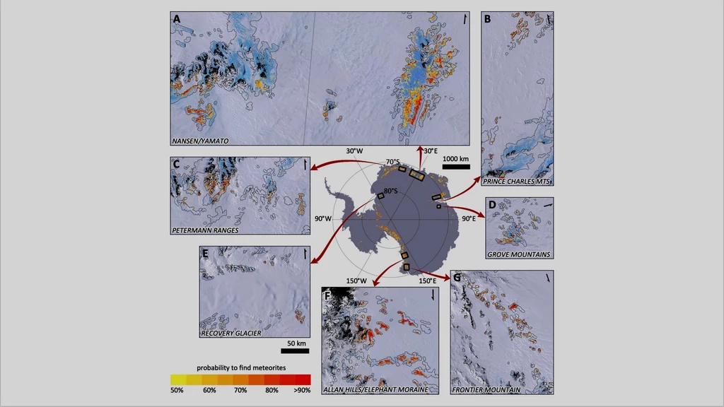 Mapa Antarktydy z zaznaczonymi regionami o różnym prawdopodobieństwie znalezienia meteorytów, przedstawionymi w kolorach od żółtego do czerwonego, z wyróżnionymi fragmentami obszarów takimi jak Transantarktyczne Góry, Góry Prince Charlesa oraz regiony ...