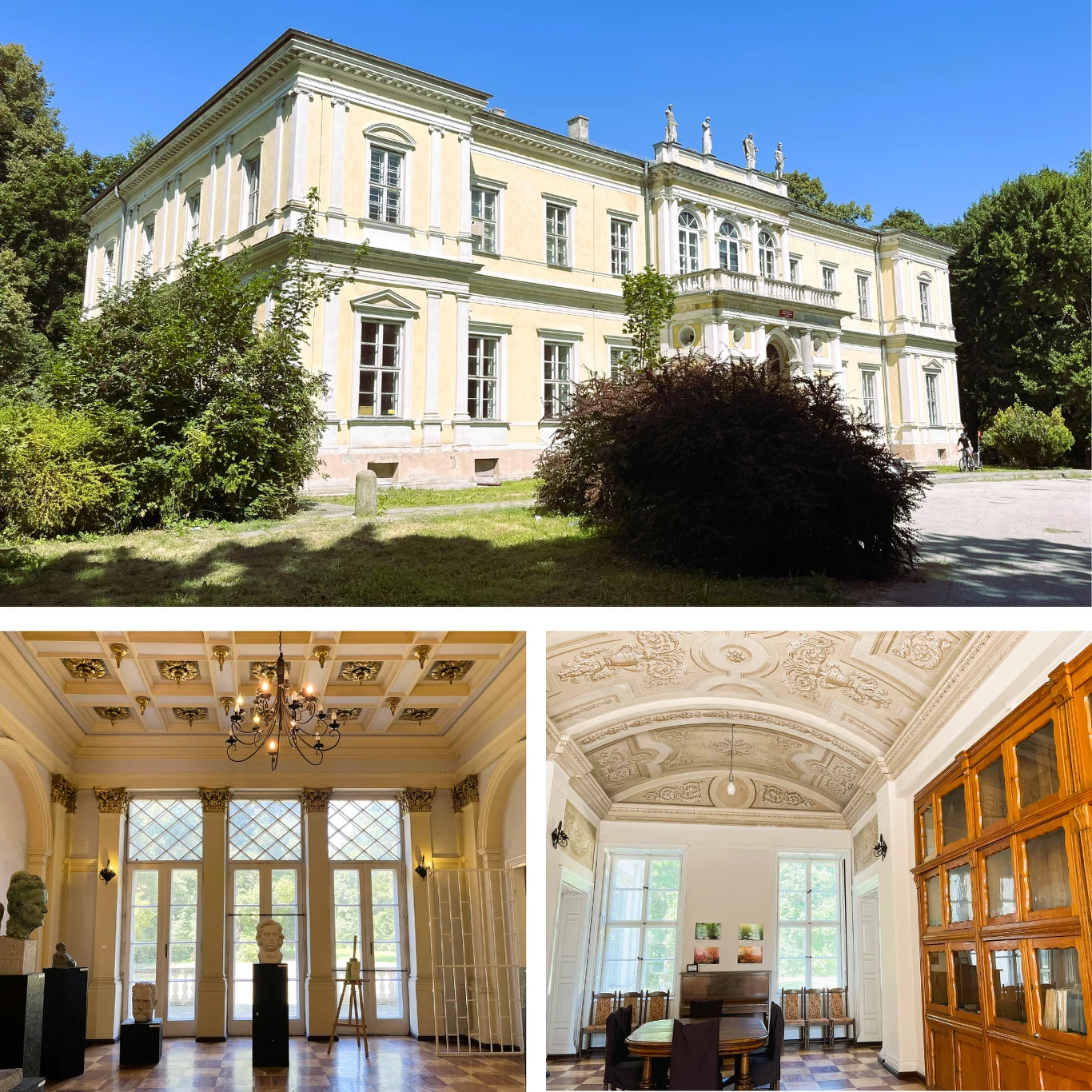 Zabytkowy pałac otoczony zielenią, o jasnej elewacji i ozdobnych elementach architektonicznych, wnętrza z wysokimi sufitami, dekoracyjnymi sztukateriami i eleganckimi meblami podkreślającymi historyczny charakter miejsca.