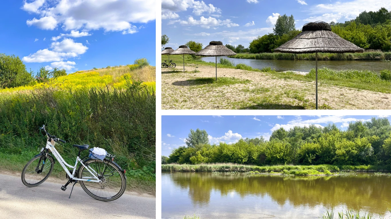 Rower zaparkowany na drodze przy polu z żółtymi kwiatami, plaża z parasolami z trzcinową strzechą nad niewielkim zbiornikiem wodnym oraz spokojna rzeka otoczona zielenią i błękitnym niebem.
