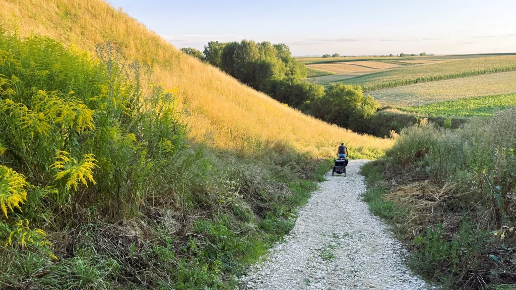 Ponidzie zachwyca krajobrazami. Wąskie dróżki prowadzą do ukrytych i mało znanych atrakcji regionu, dlatego warto wybrać się tu na wycieczki rowerowe Kręta żwirowa ścieżka prowadzi przez zielone wzgórza, po której spaceruje osoba z wózkiem dziecięcym, wokół rozciągają się malownicze pola i łagodne pagórki porośnięte trawą.