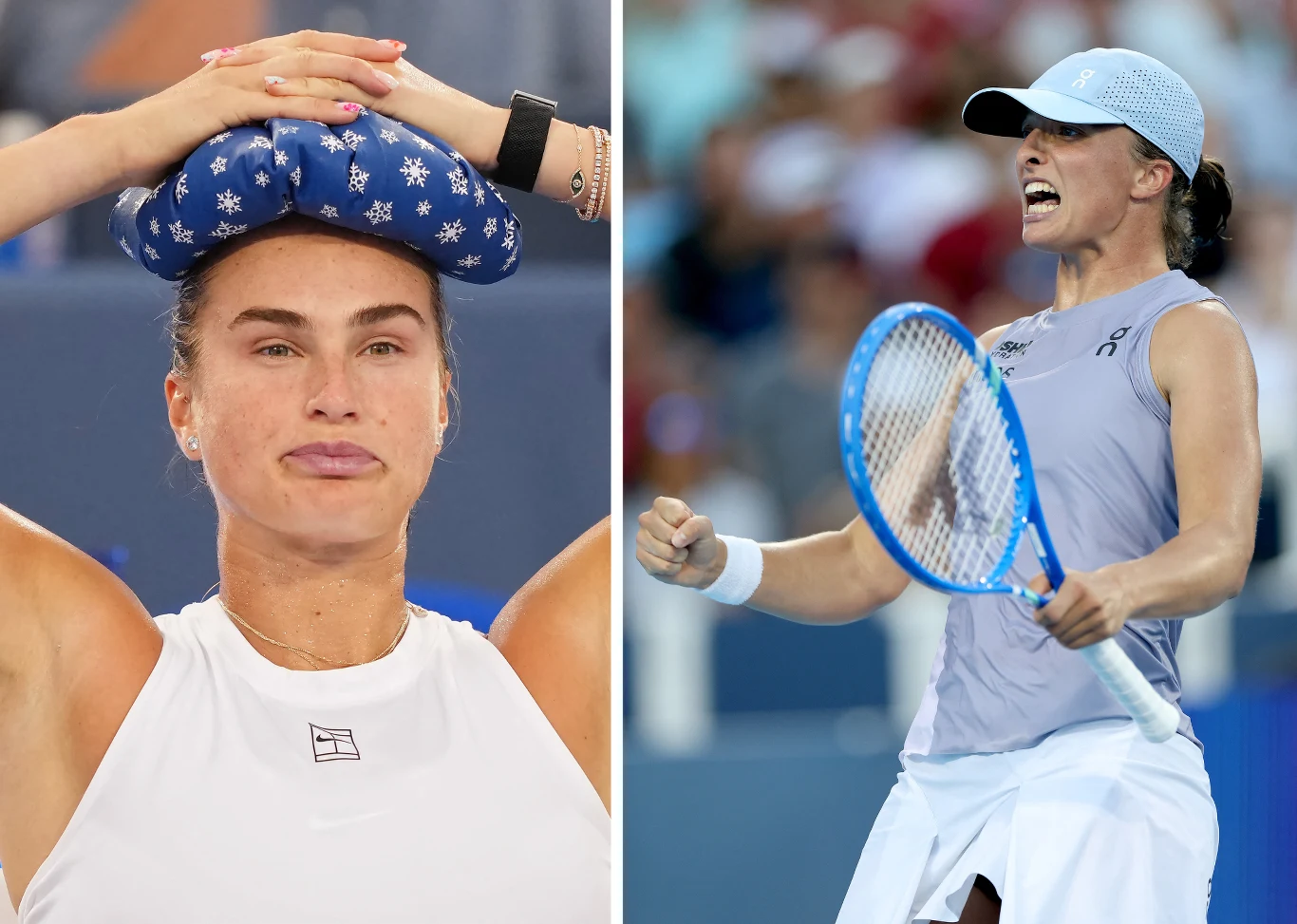 Po lewej stronie kobieta z opaską chłodzącą na głowie, wygląda na zmęczoną po wysiłku fizycznym; po prawej sportowa rywalka z rakietą tenisową w dłoni, wyrażająca radość po zdobyciu punktu.