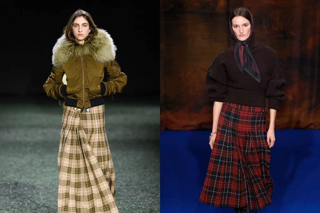 Burberry. Fot. Estrop, Giovanni Giannon Dwie kobiety prezentujące modowe stylizacje, obie ubrane w długie, kraciaste spódnice, jedna posiada kurtkę z futrzanym kołnierzem, a druga czarną bluzę oraz ciemną chustę na głowie.
