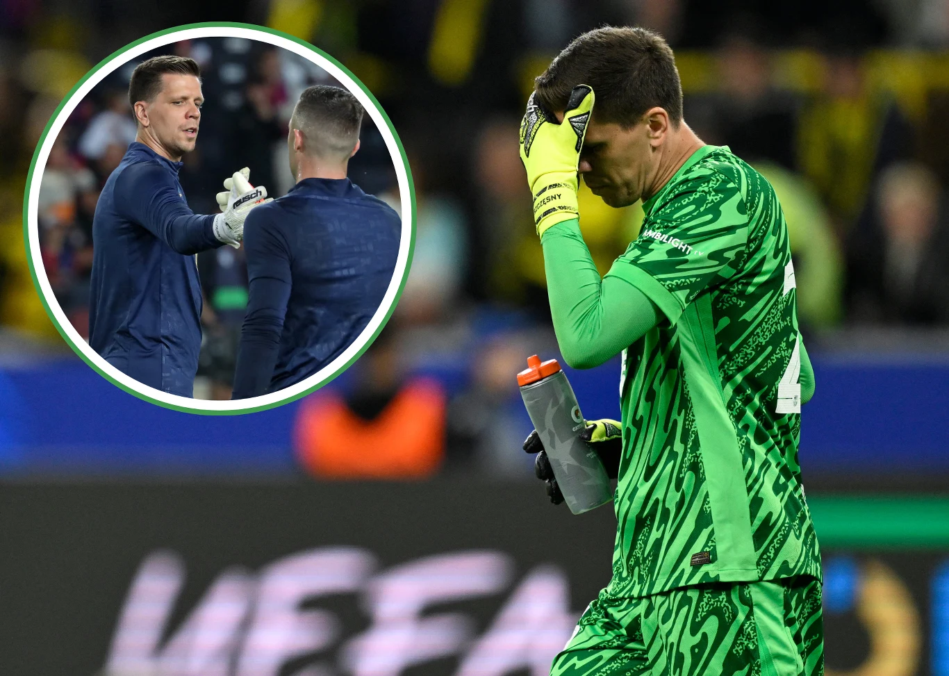Wojciech Szczęsny i Inaki Pena w barwach FC Barcelona Zawodnik w zielonej bramkarskiej koszulce z opuszczoną głową i butelką w ręku, wyrażający rozczarowanie, na drugim planie rozmazane sylwetki oraz okrągłe wstawienie z ujęciem dwóch sportowców ściskających dłonie.