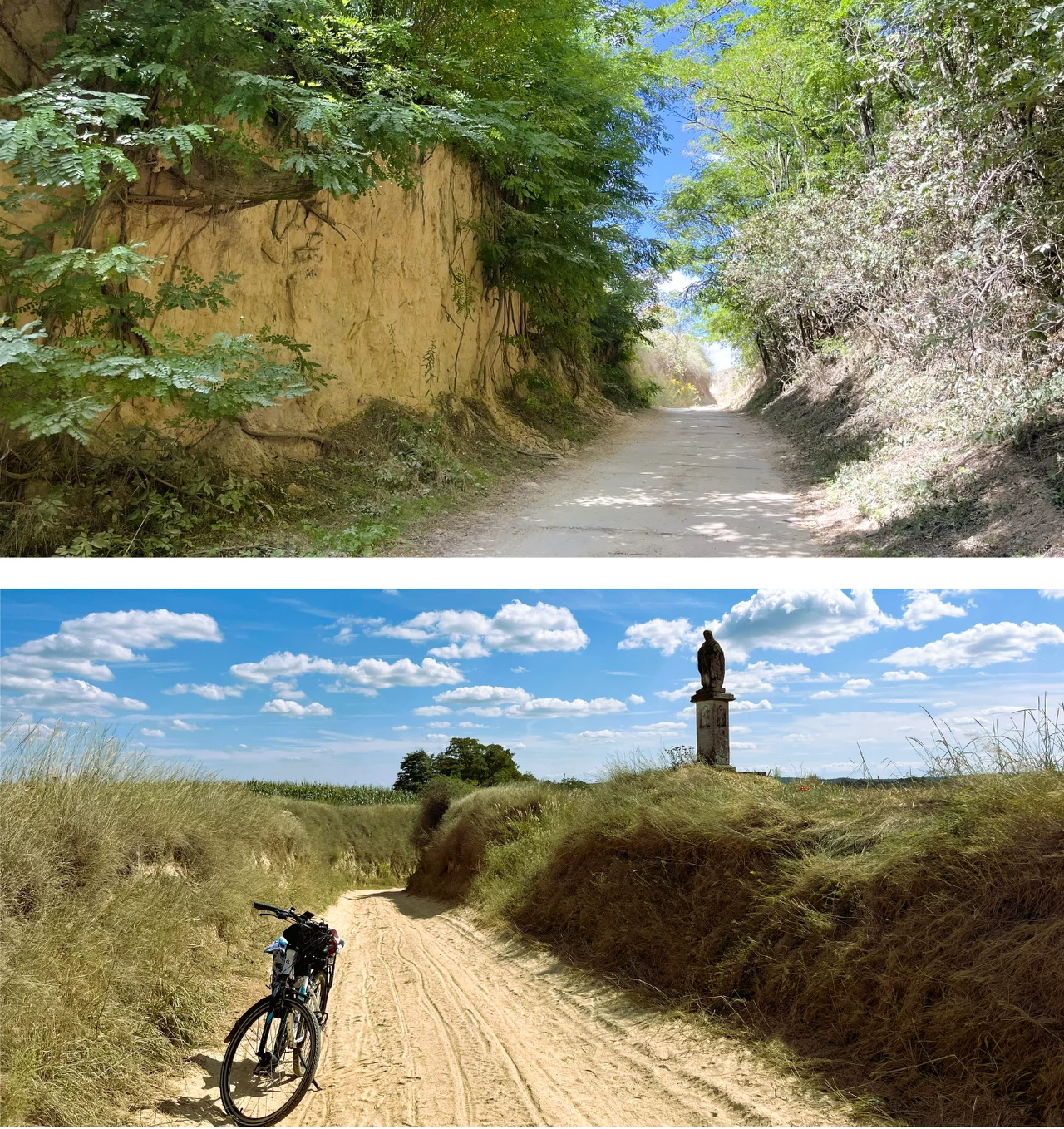 Szlak na Ponidziu prowadzi przez wąwóz lessowy. Na jego szczycie czeka kamienny świątek - wizytówka Ponidzia, a także panoramiczne widoki Zacieniona droga biegnąca przez wąwóz otoczony bujną zielenią oraz piaszczysta ścieżka wśród traw, na której stoi rower, a w tle widoczna jest figura na postumencie pod błękitnym niebem z obłokami.