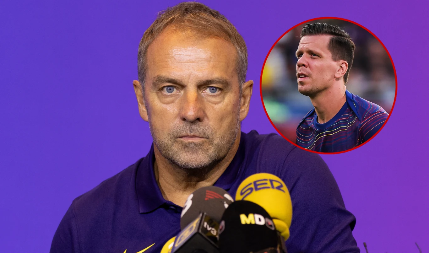 Hansi Flick i Wojciech Szczęsny Mężczyzna o poważnym wyrazie twarzy siedzi przed mikrofonami z widocznymi logotypami mediów, w prawym górnym rogu okrągły portret innego mężczyzny w stroju sportowym na fioletowym tle.