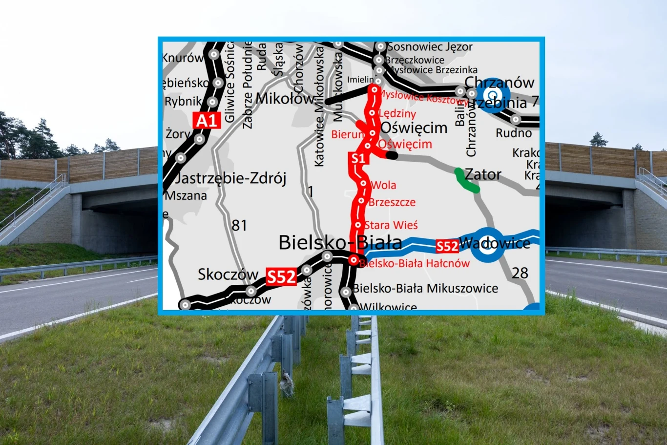 Już na początku przyszłego tygodnia otwarty zostanie odcinek drogi ekspresowej S1. Autostrada z widocznym wiaduktem otoczona barierkami ochronnymi, na środku zdjęcia kolorowa mapa przedstawiająca najważniejsze trasy drogowe regionu, wyróżnione kolorem czerwonym, czarnym i niebieskim.