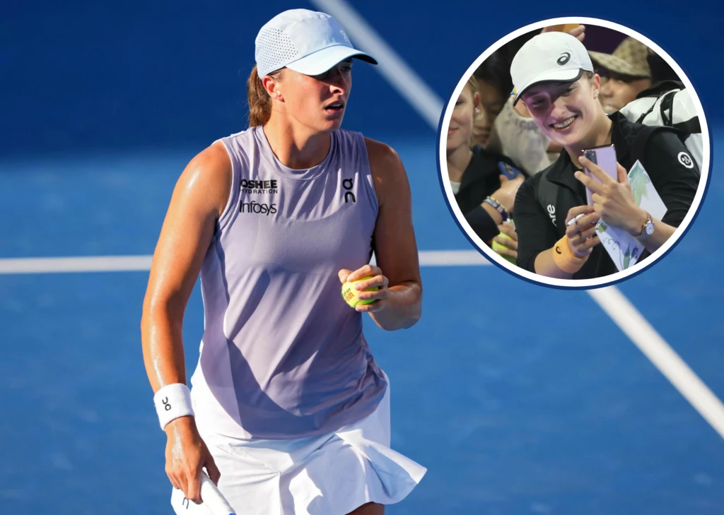 Iga Świątek walczy o swój drugi w karierze tytuł na US Open Tenisistka w sportowym stroju na korcie, trzyma piłkę tenisową i jest skupiona na grze; w okrągłym kadrze zbliżenie na jej twarz z uśmiechem i podpisywaniem autografów.