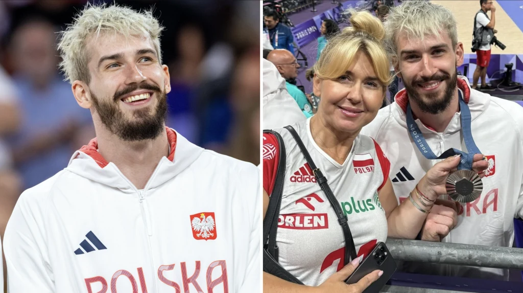 Uśmiechnięty sportowiec w biało-czerwonym dresie z napisem POLSKA oraz herbem orła, obok zdjęcie z kobietą również ubrana w barwy Polski, mężczyzna prezentuje srebrny medal sportowy.