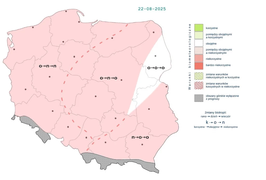 Pogoda w ciągu dnia nie zachwyci, a po południu na zachodzie może stać się mniej przyjazna Mapa biometeorologiczna Polski z datą 22-08-2025, pokazująca strefy zróżnicowanych warunków biometeorologicznych, większość kraju oznaczona jako niekorzystna, jedynie niewielki obszar na północnym wschodzie odznaczony jako mniej niekorzystny; oznaczeni...