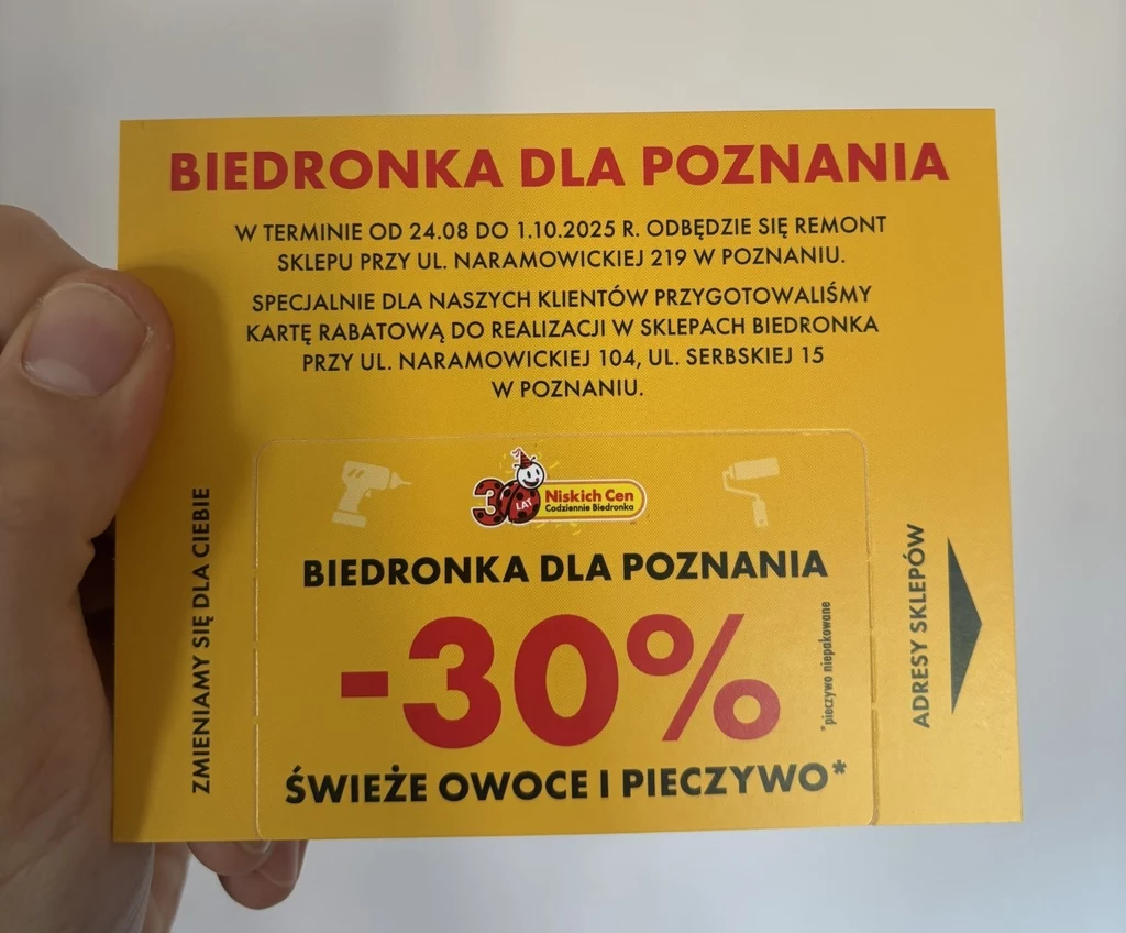Karta zniżkowa przyznawana przez Biedronkę klientom sklepu, który będzie przechodził remont. Karta zniżkowa przyznawana przez Biedronkę klientom sklepu, który będzie przechodził remont.