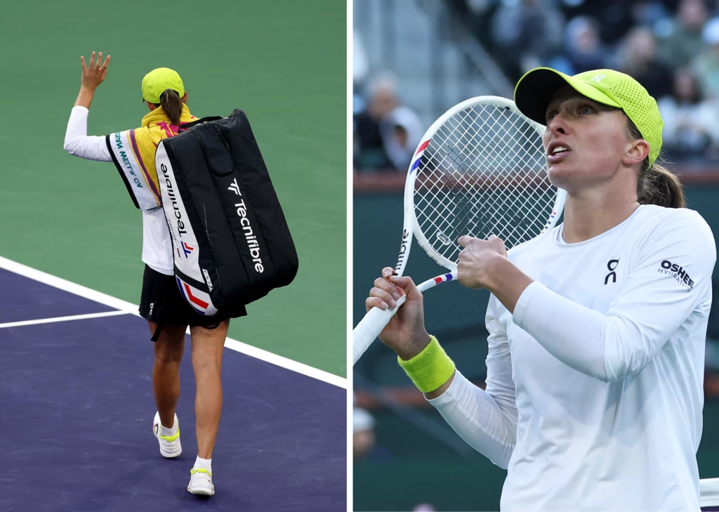 Iga Świątek podczas meczu z Mirrą Andriejewą w Indian Wells Tenisistka ubrana w jasny strój oraz czapkę w neonowym kolorze, trzymająca rakietę tenisową na korcie, na drugim ujęciu widoczna z tyłu z dużą torbą sportową przewieszoną przez ramię, machająca ręką w stronę publiczności.