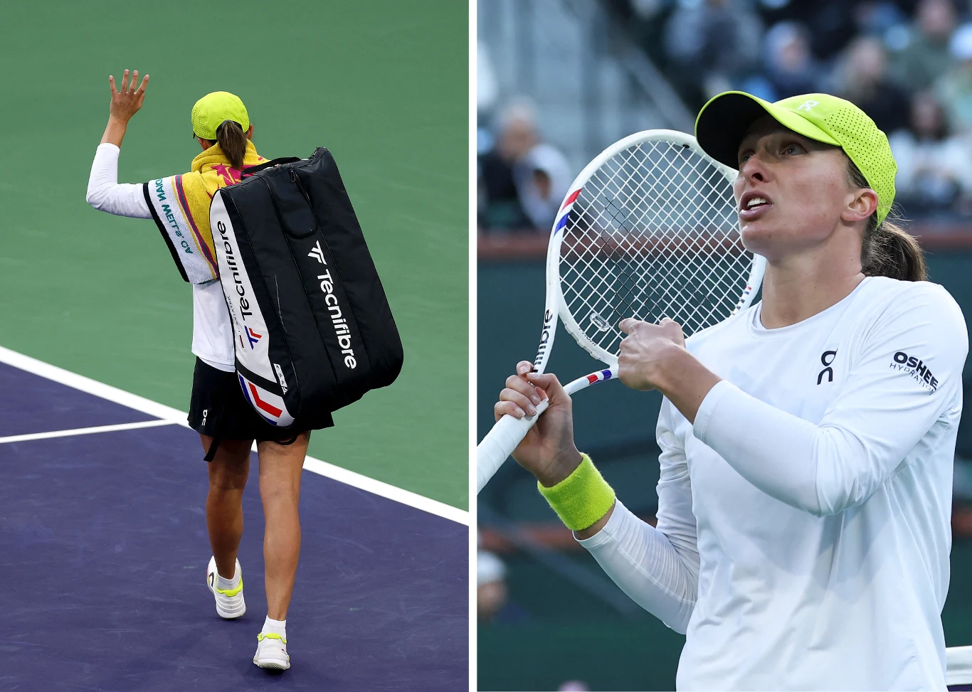 Tenisistka ubrana w jasny strój oraz czapkę w neonowym kolorze, trzymająca rakietę tenisową na korcie, na drugim ujęciu widoczna z tyłu z dużą torbą sportową przewieszoną przez ramię, machająca ręką w stronę publiczności.