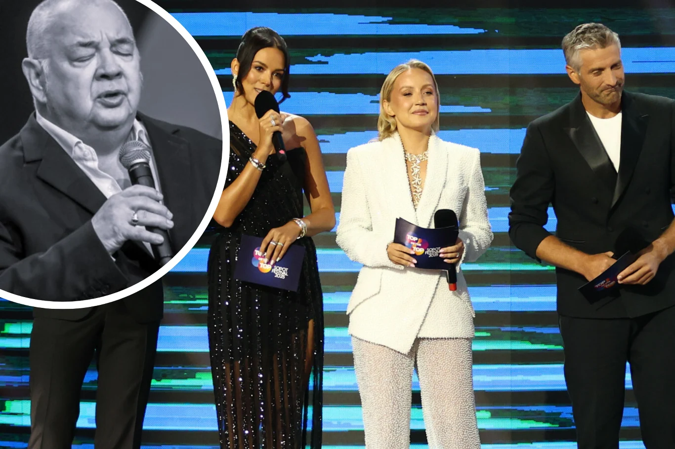 Festiwal w Sopocie został przerwany. Przekazano informację o śmierci Stanisława Soyki Troje prowadzących w eleganckich strojach stoi na scenie podczas uroczystej gali, każda z osób trzyma mikrofon i kartkę z informacjami, w lewym górnym rogu znajduje się wstawiona czarno-biała fotografia śpiewającego starszego mężczyzny.