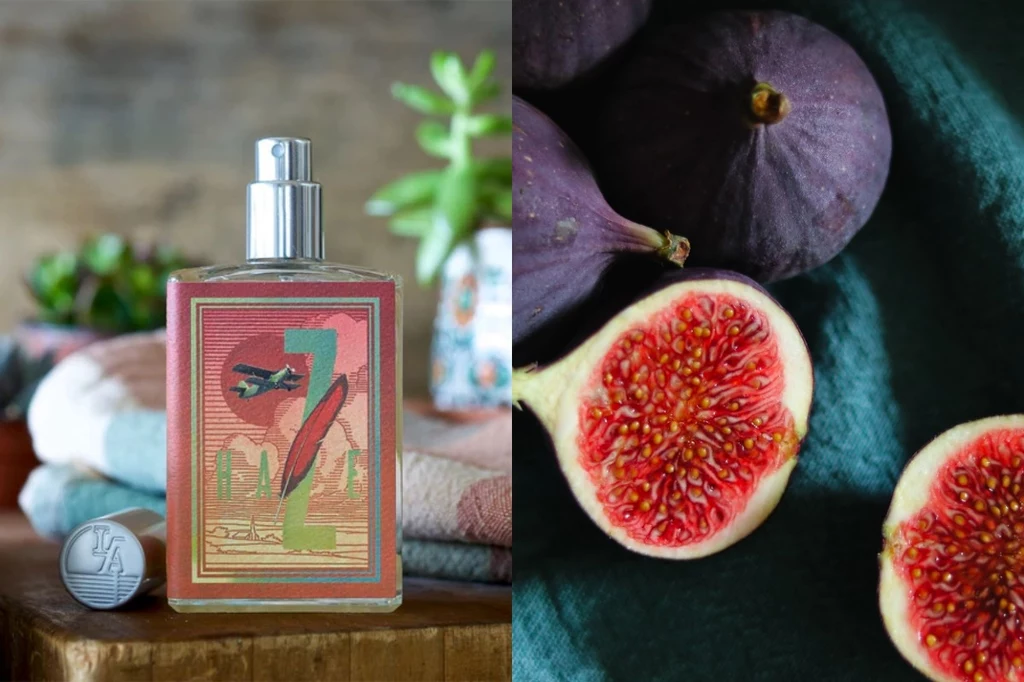 Butelka perfum z kolorową, graficzną etykietą ustawiona na tle miękkich, tekstylnych materiałów i rośliny doniczkowej, obok przekrojone na pół figi ukazujące soczyste, czerwone wnętrze.