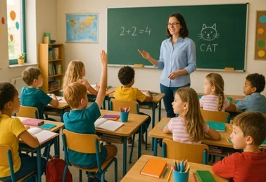 Klasa z uczniami i nauczycielką.