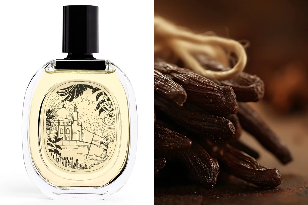 Flakon perfum z elegancką etykietą przedstawiającą zabytkowy budynek oraz wanilia w postaci suszonych laskowych strąków, którą widać obok w zbliżeniu.