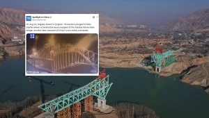 Zawalił się budowany nad Rzeką Żółtą łukowy most kolejowy w prowincji Qinghai. Ma być najdłuższym tego typu obiektem na świecie. Zdjęcie w tle wykonano podczas budowy w grudniu 2024 roku