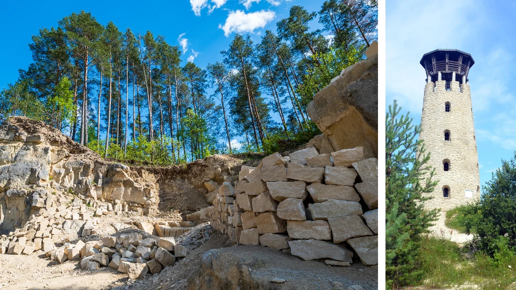 Kamieniołom z ułożonymi blokami kamienia pośród wysokich sosen, obok kamienna wieża widokowa w otoczeniu zieleni pod błękitnym niebem