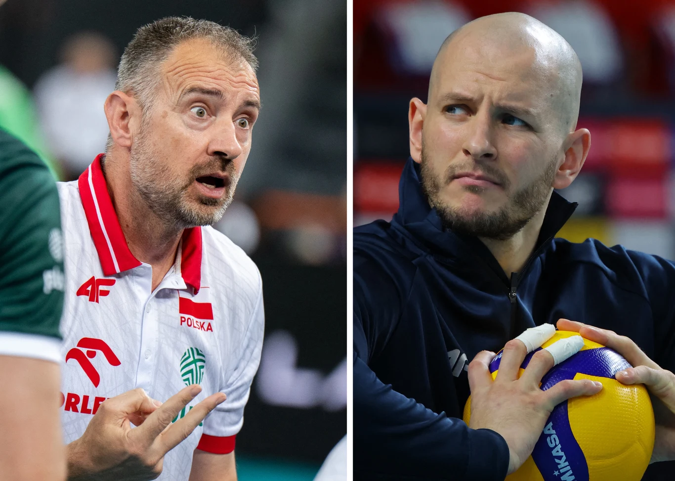 Dwóch mężczyzn widocznych w zbliżeniu w ujęciu podzielonym na pół, jeden z nich nosi sportową koszulkę z logotypem i gestykuluje podczas rozmowy, drugi skupiony trzyma piłkę siatkową, ubrany w ciemną bluzę.