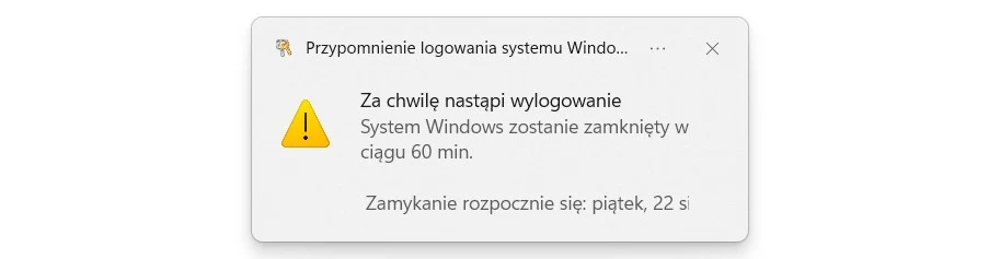 Po ustawieniu automatycznego wyłączenia komputera system Windows wyświetla powiadomienie Okno systemowe z ostrzeżeniem o nadchodzącym wylogowaniu i zamknięciu systemu Windows za 60 minut, z informacją o rozpoczęciu zamykania w piątek.