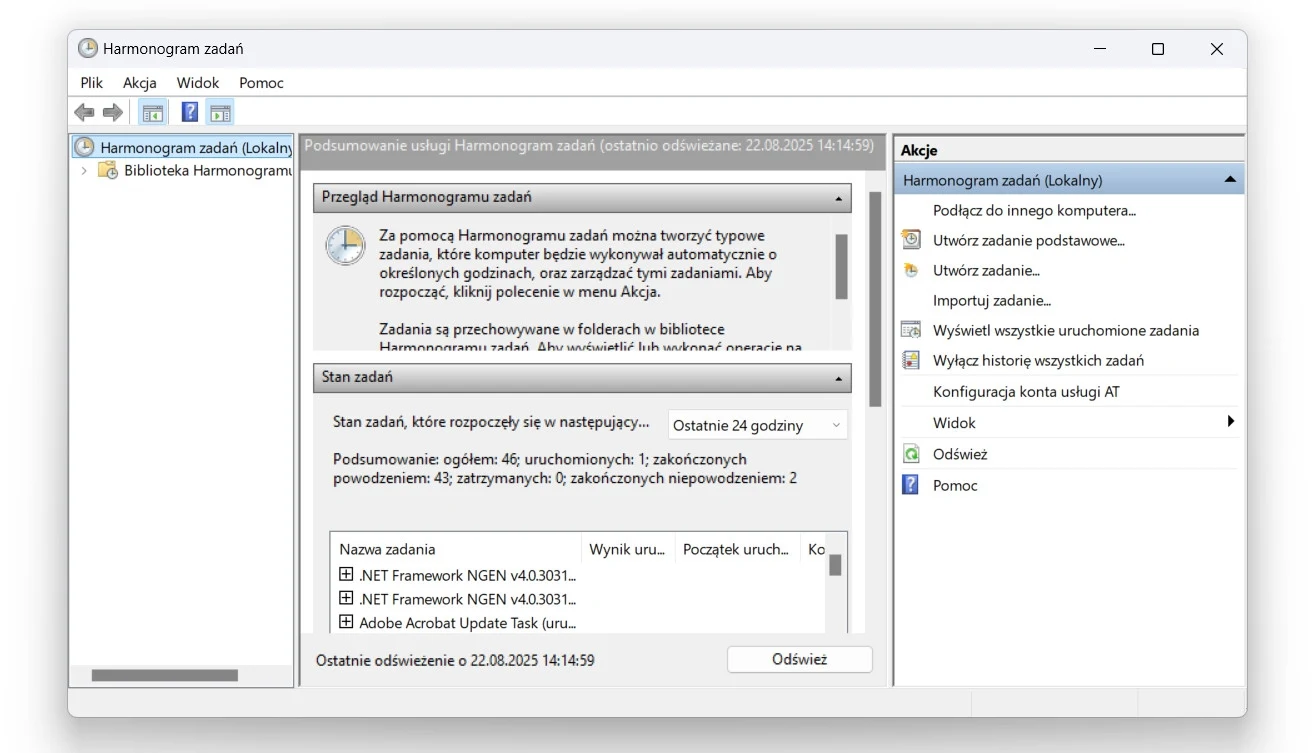 Okno programu Harmonogram zadań w systemie Windows z widocznymi szczegółami dotyczących zaplanowanych zadań systemowych oraz panelami opcji po lewej i prawej stronie.