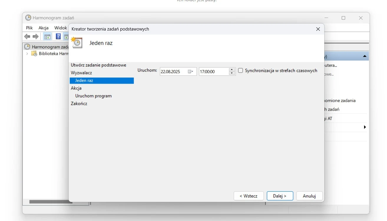 Okno kreatora tworzenia zadań harmonogramu na komputerze z systemem Windows z ustawioną opcją wykonania zadania jeden raz, podświetloną datą i godziną uruchomienia zadania.