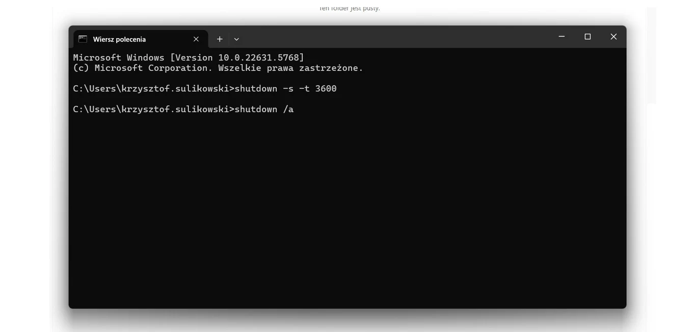 Okno wiersza polecenia systemu Windows z wpisanymi poleceniami wyłączenia komputera oraz zamknięcia systemu po określonym czasie.