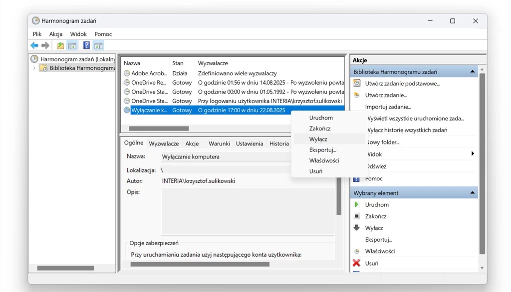 Wyłącz lub usuń zaplanowane zadanie w aplikacji Harmonogram zadań. Znajdziesz je na liście Interfejs programu Harmonogram zadań w systemie Windows z widoczną listą zaplanowanych zadań oraz szczegółowymi opcjami zarządzania zadaniami po prawej stronie. Wybrana jest opcja związana z wyłączaniem komputera.