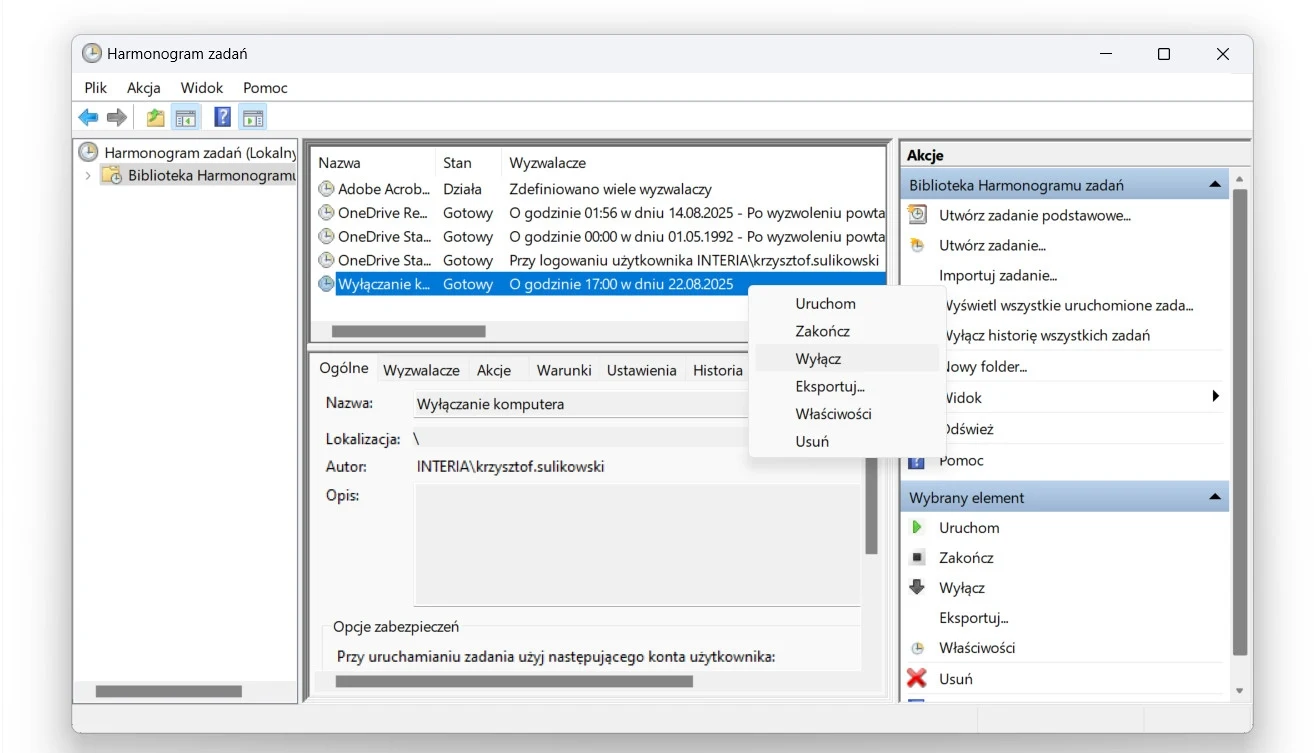 Interfejs programu Harmonogram zadań w systemie Windows z widoczną listą zaplanowanych zadań oraz szczegółowymi opcjami zarządzania zadaniami po prawej stronie. Wybrana jest opcja związana z wyłączaniem komputera.