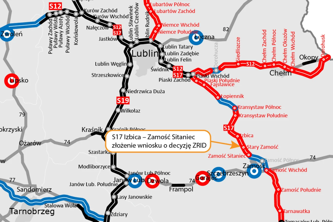 S17 połączy Warszawę z Ukrainą. Złożono ważny wniosek Mapa przedstawia sieć głównych dróg i autostrad w rejonie Lublina, Chełma i Zamościa, z podziałem na istniejące oraz planowane odcinki tras S12, S17 i S19, oznaczone różnymi kolorami oraz zaznaczeniem istotnych węzłów i punktów orientacyjnych.