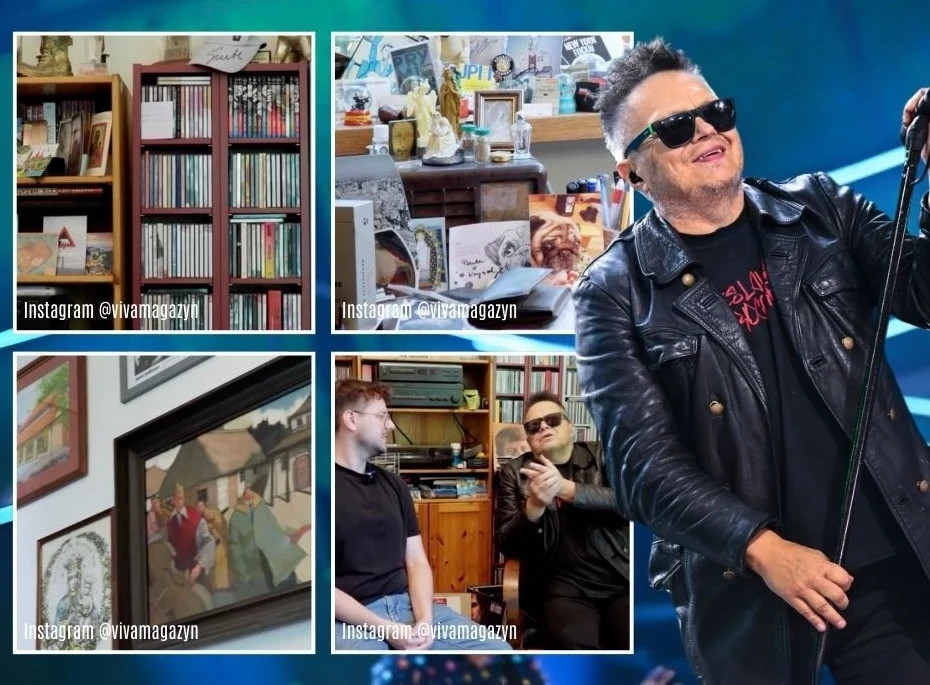 Wnętrze mieszkania Muńka Staszczyka Mężczyzna ubrany w czarną skórzaną kurtkę i okulary przeciwsłoneczne trzyma mikrofon na scenie, a wokół znajdują się kolaże zdjęć przedstawiających wnętrze mieszkania, w tym regały z książkami, płyty, obrazy na ścianie oraz bibeloty na półkach.