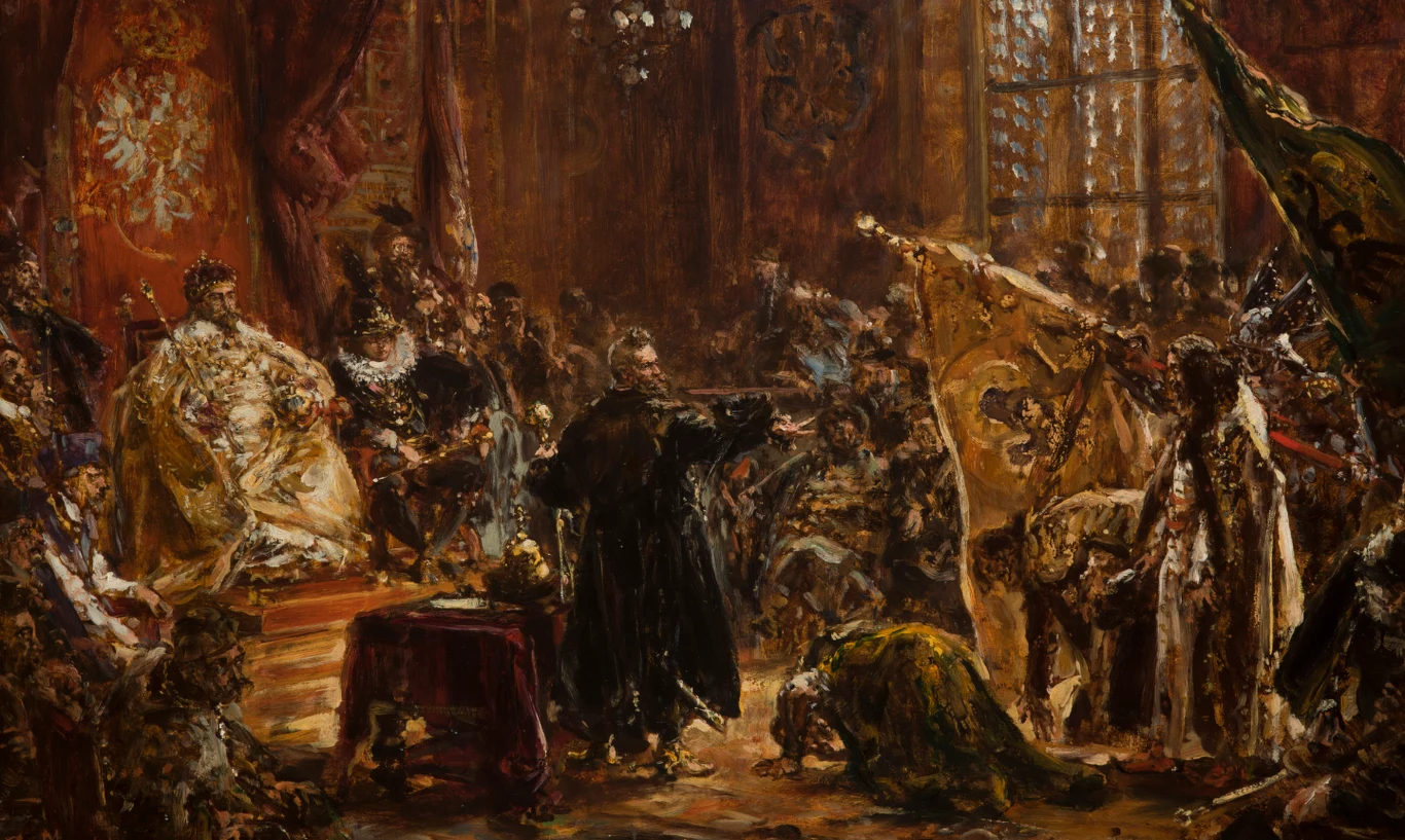 Bogato zdobiona sala z tronem, na którym siedzi władca w otoczeniu dostojników, ubranych w historyczne stroje, centralna postać gestykuluje zdecydowanie, wokół zgromadzone są osoby klęczące oraz sztandary, całość utrzymana w patetycznej atmosferze hist...