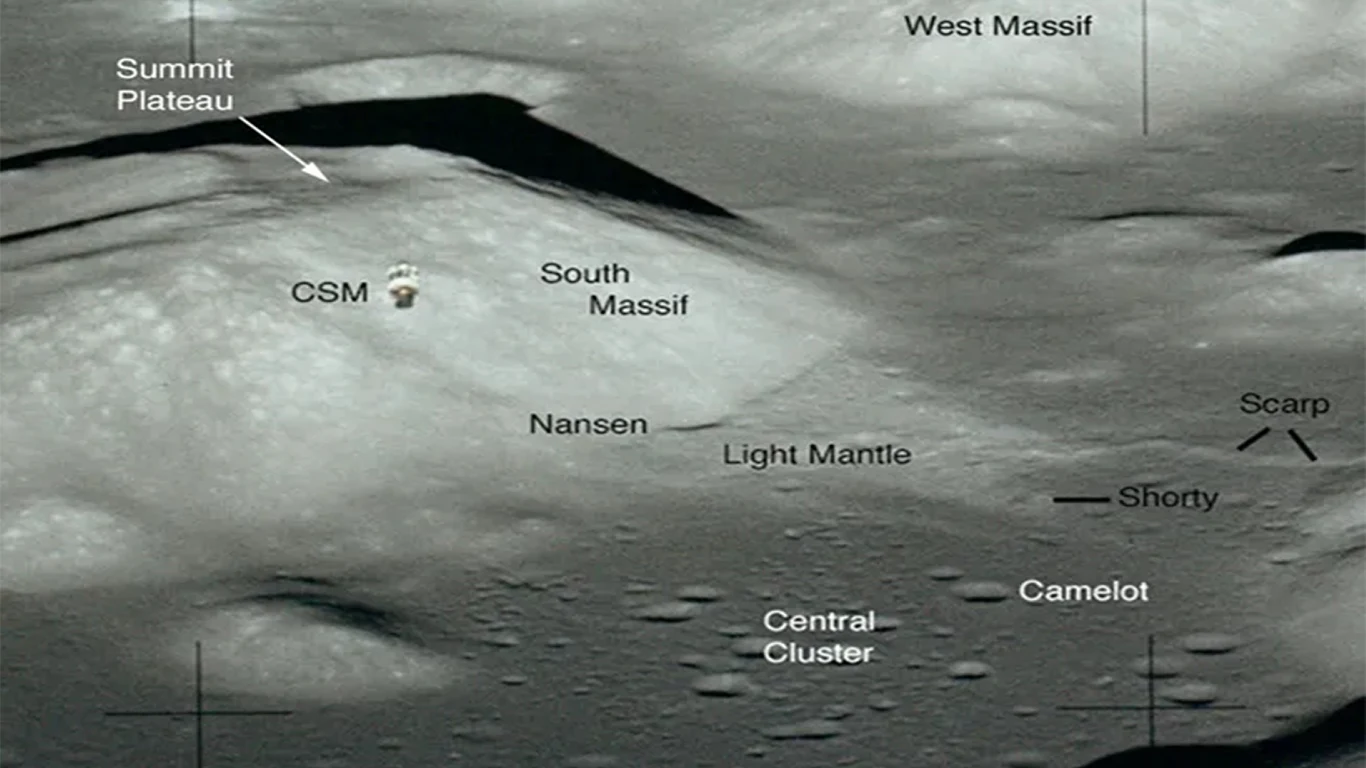 Tajemnicza jasna smuga na Księżycu w końcu wyjaśniona Powierzchnia Księżyca z widocznymi oznaczeniami masywów, kraterów oraz innych formacji geograficznych, centralnie umieszczone obiekty takie jak South Massif, Light Mantle, Central Cluster i Camelot, a także wskazany punkt CSM znajdujący się w pobliżu S...