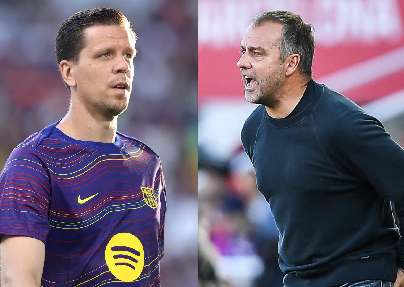 Po lewej stronie ujęcie mężczyzny w sportowej koszulce z logiem Spotify i kolorowym wzorem, po prawej stronie inny mężczyzna w ciemnym ubraniu, który energicznie gestykuluje, wyglądający na zaangażowanego.