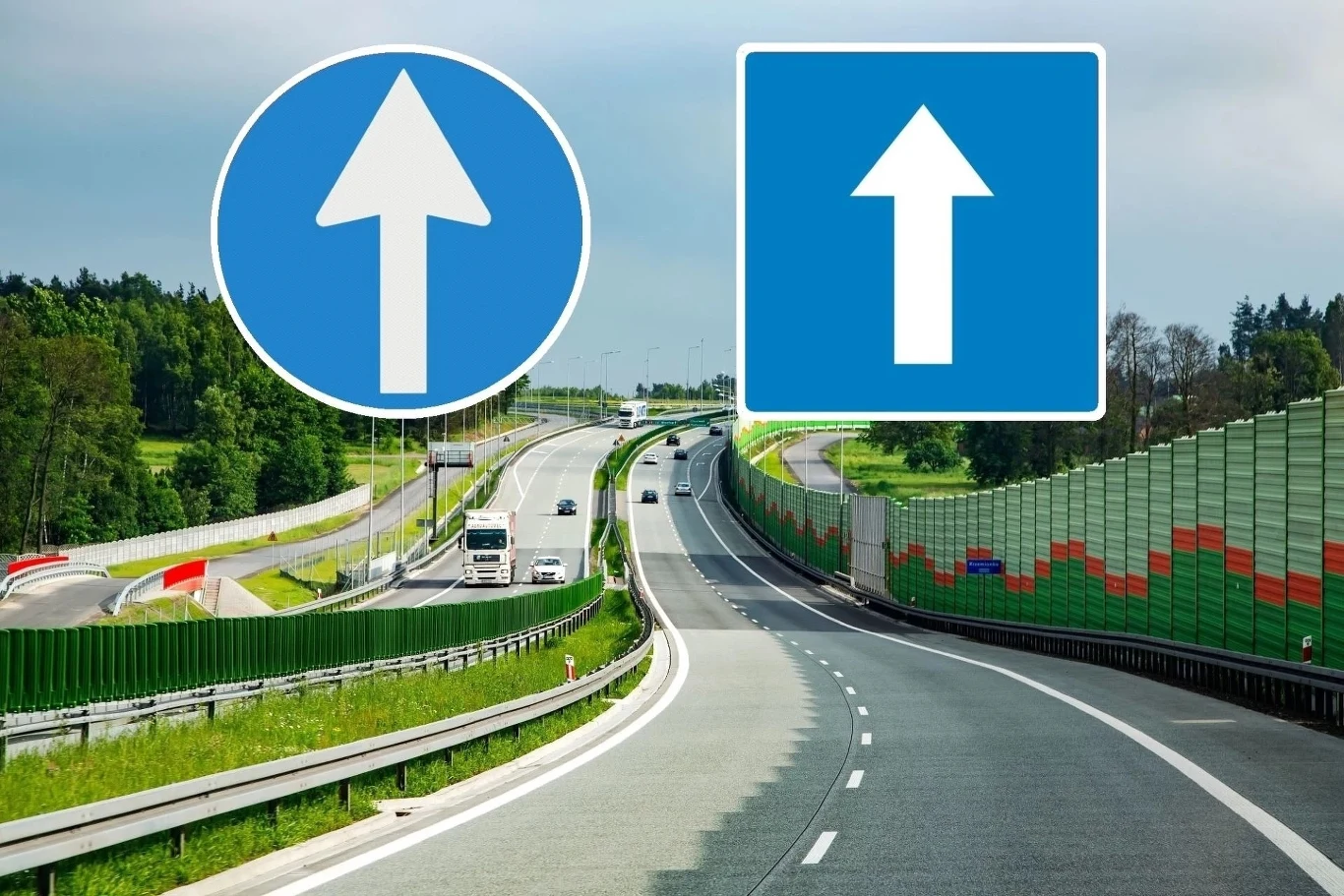 Znaki C-5 oraz D-3 wyglądają bardzo podobnie, ale mają zupełnie inne znaczenie Nowoczesna autostrada otoczona zielonymi ekranami akustycznymi, prowadząca przez tereny zielone, z widocznymi znakami nakazu jazdy prosto oraz łagodnym zakrętem. Ruch odbywa się płynnie, widoczne są pojedyncze pojazdy na jezdni.