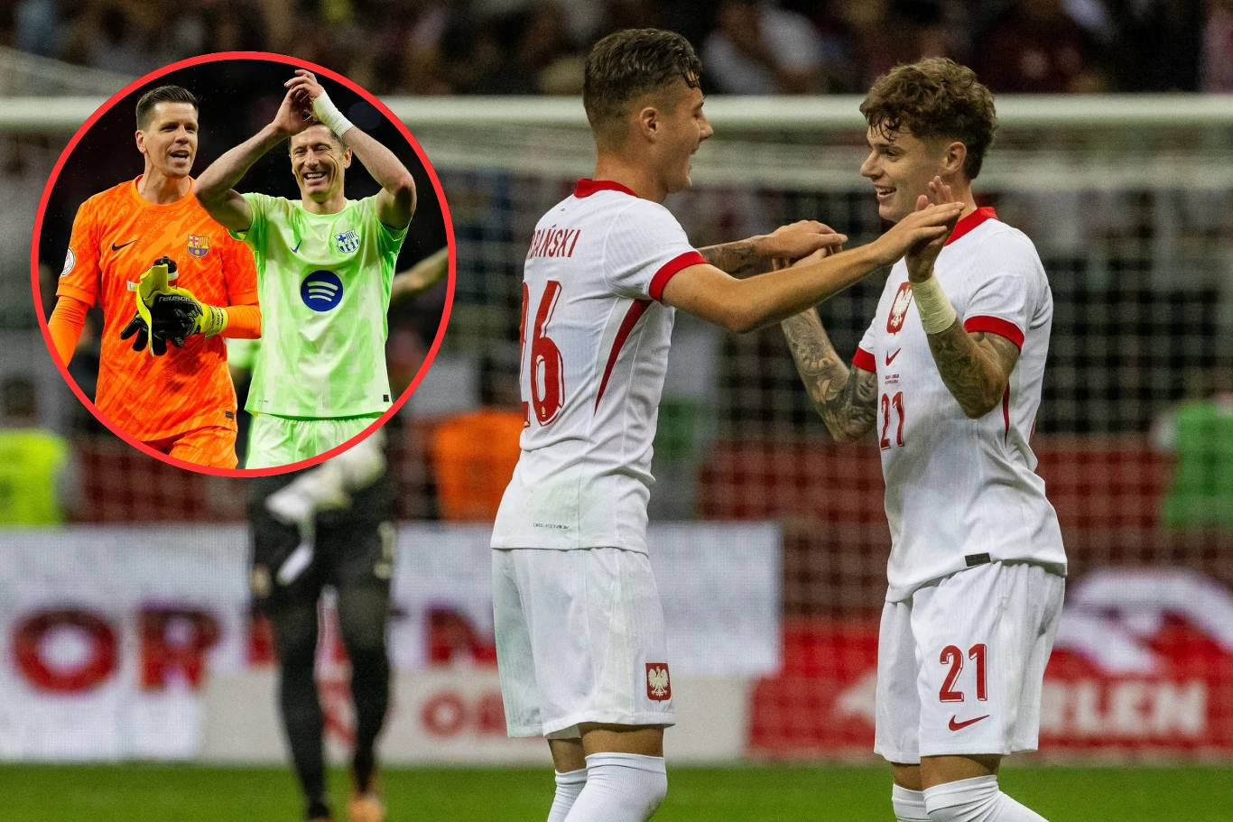 W La Lidze może niebawem grać trzeci Polak Dwóch piłkarzy reprezentacji Polski w białych strojach świętuje na boisku, gratulując sobie wzajemnie; w okrągłej ramce widoczni są bramkarz w pomarańczowym stroju oraz piłkarz w zielonym stroju z logo FC Barcelony, obaj uśmiechnięci.