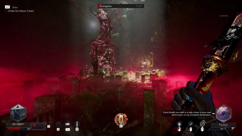 DAIMON BLADES Mroczny krajobraz z czerwoną mgłą, groteskową wieżą z organicznych materiałów oraz ręką trzymającą ostrą broń na pierwszym planie, całość silnie podkreślona efektami świetlnymi i niepokojącą atmosferą.