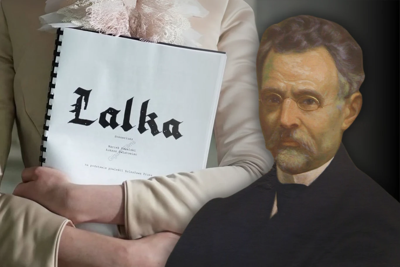 Czy nowe adaptacje "Lalki" wyzwolą się od propagandowej natury powieści Prusa? Kobieta trzymająca w ramionach egzemplarz powieści 'Lalka', na pierwszym planie widoczne popiersie portretowe starszego mężczyzny w okularach i z brodą, z tłem w ciemnych barwach.