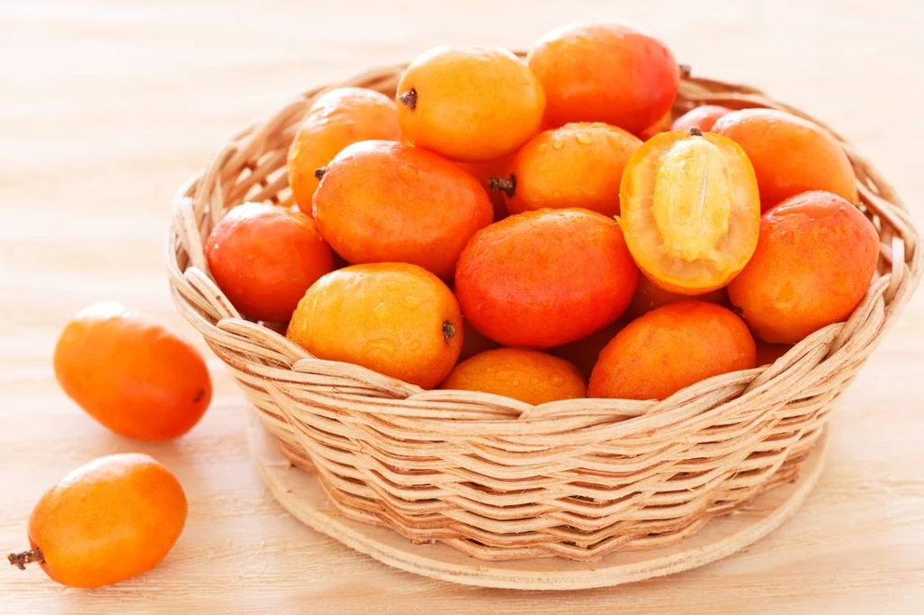 Owoce spondias mombin stosowane są w egzotycznych krajach jako remedium na różne choroby i przypadłości Koszyk wiklinowy wypełniony świeżymi, pomarańczowymi owocami mango, jeden owoc poza koszykiem i jeden rozkrojony na pół pokazujący miąższ.